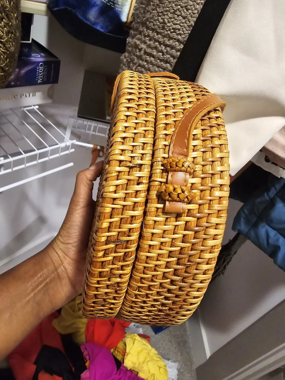 Woven Round Straw Crossbody Bag in Tan
